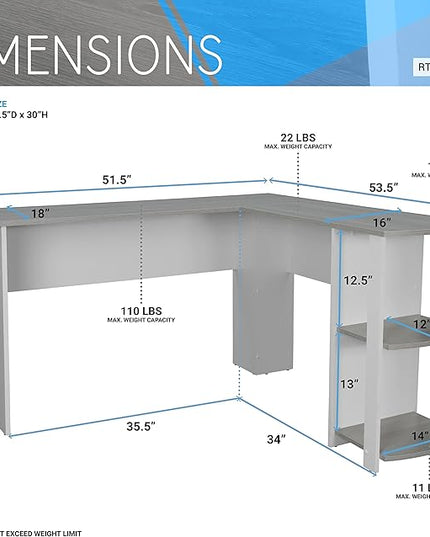 Techni Mobili L Shaped Desk - Modern Computer Desk with Corner Bookshelf & Side Storage Shelves for Home Office Accessories - Elegant, Space-Saving, & Minimalist Executive Table - LeafyLoom