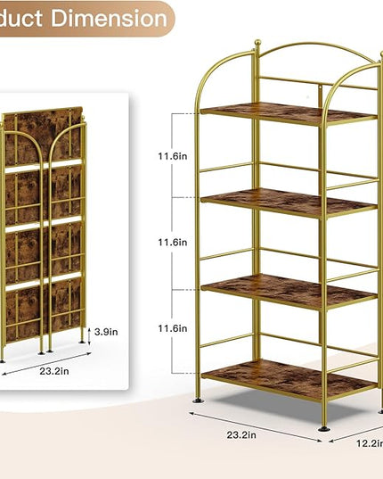 FRAPOW Folding Bookshelf No Assembly, 4 Tier Shelf Gold Collapsible Bookcase, Arched Metal Display Tall Book Shelf with Storage Shelves for Bedroom, Living Room, Home Office - LeafyLoom