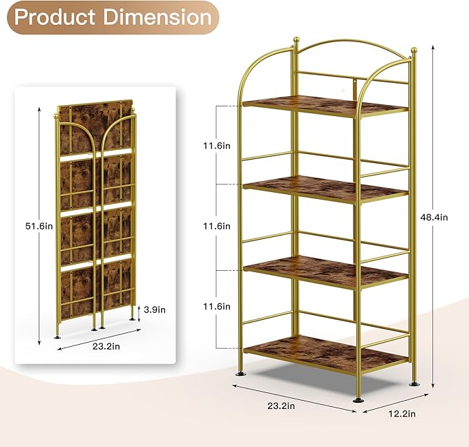FRAPOW Folding Bookshelf No Assembly, 4 Tier Shelf Gold Collapsible Bookcase, Arched Metal Display Tall Book Shelf with Storage Shelves for Bedroom, Living Room, Home Office - LeafyLoom