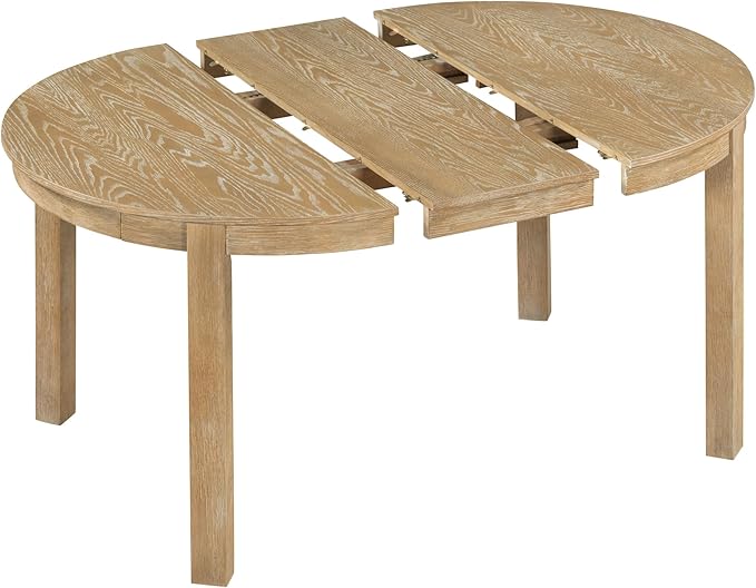 5-Piece Farmhouse Extendable Round Dining Table Set with Two 4 Upholstered Chairs for Kitchen, Breakfast Nook, Living Room, 42"-56" L x 42" W x 30" H, Natural Wood Wash(2 Small Drawers) - LeafyLoom