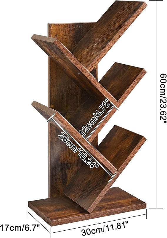 YMYNY 4 Tier Tree Bookshelf, Small Bookcase, Modern Wood Book Storage Rack, Freestanding Book shelf for Books/Movies/CDs, Narrow Display Rack for Living Room, Home Office, Rustic Brown UHBC014H - LeafyLoom