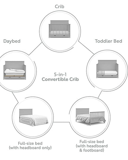 STORKCRAFT Homestead 5-in-1 Convertible Crib with Drawer (Pebble Gray) – GREENGUARD Gold Certified, Crib with Drawer Combo, includes Nursery Storage Drawer, Converts to Toddler Bed and Full-Size Bed - LeafyLoom