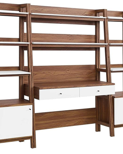 Modway Bixby 3-Piece Home Office Desk and Bookshelf Display Case in Walnut White - LeafyLoom
