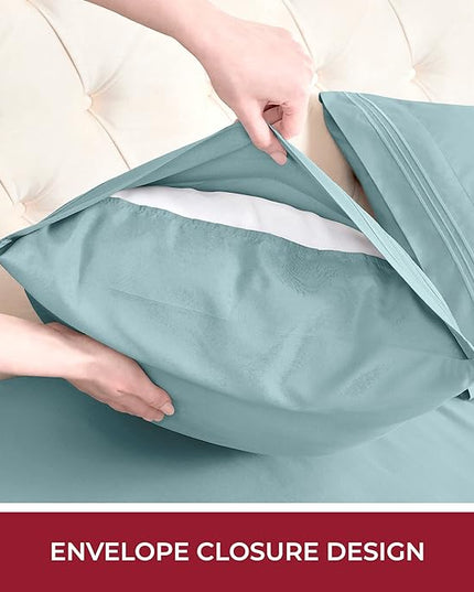 Mellanni RV Short Queen Sheets - 4 PC Iconic Collection Bedding Sheets & Pillowcases - Hotel Luxury, Extra Soft, Cooling Bed Sheets - Deep Pocket up to 10 inch (RV/Short Queen, Spa Blue) - LeafyLoom