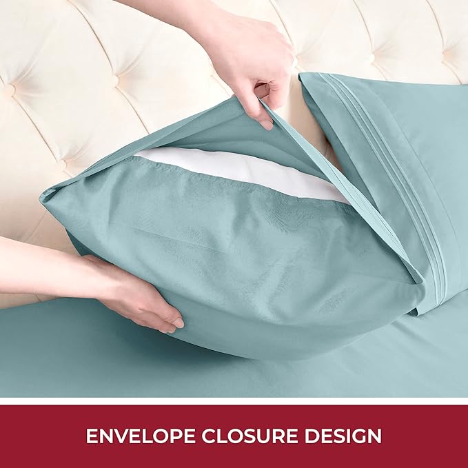 Mellanni RV Short Queen Sheets - 4 PC Iconic Collection Bedding Sheets & Pillowcases - Hotel Luxury, Extra Soft, Cooling Bed Sheets - Deep Pocket up to 10 inch (RV/Short Queen, Spa Blue) - LeafyLoom