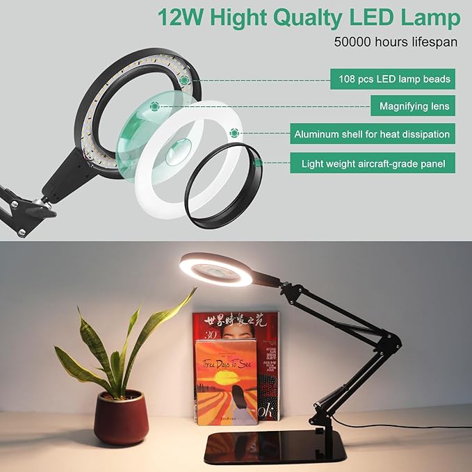 5X & 10X Magnifying Glass with Light and Stand, NAKOOS 2-in-1 Magnifying Lamp with Clamp, 3 Color Modes Touch Control Stepless Dimmable Magnifiers with Stand for Soldering DIY and Close Work - LeafyLoom