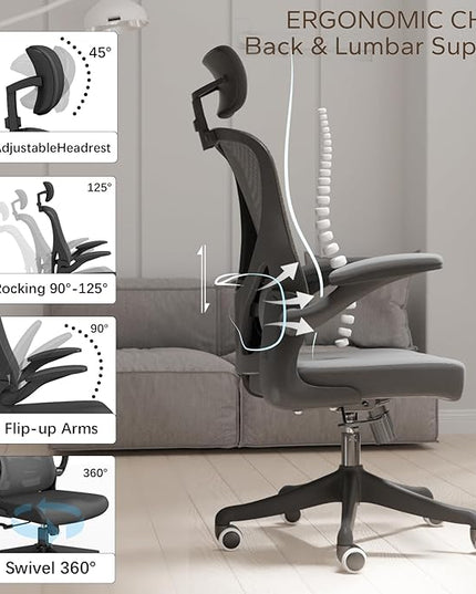 Ergonomic Office Chair Home Desk Office Chair with Flip-Armrest & Cushion for Lumbar Support, high Back Computer Chair with Thickened Cushion Desk Chairs Black - LeafyLoom