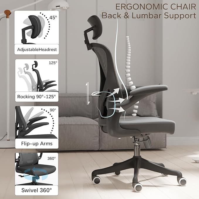 Ergonomic Office Chair Home Desk Office Chair with Flip-Armrest & Cushion for Lumbar Support, high Back Computer Chair with Thickened Cushion Desk Chairs Black - LeafyLoom