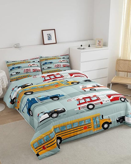 Erosebridal Fire Truck Comforter Set,Police Car Down Comforter Queen Size,School Bus Bedding Set for Kids Boys Teens Youth,Equipped Truck Cartoon Vehicle Quilt Duvet Insert Bedroom Dorm Decor 3 Pcs - LeafyLoom