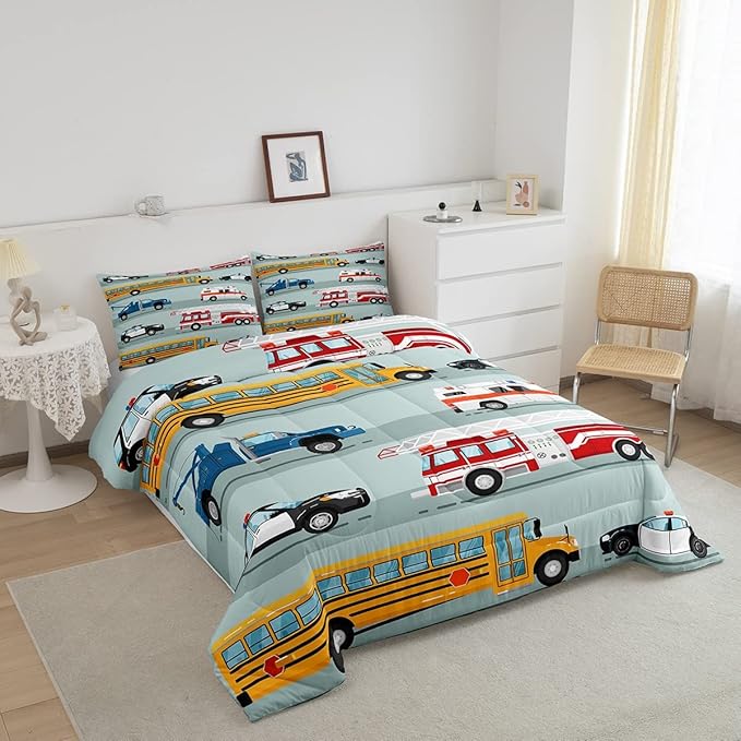 Erosebridal Fire Truck Comforter Set,Police Car Down Comforter Queen Size,School Bus Bedding Set for Kids Boys Teens Youth,Equipped Truck Cartoon Vehicle Quilt Duvet Insert Bedroom Dorm Decor 3 Pcs - LeafyLoom