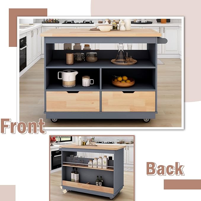 Kitchen Island with Storage, Two-Sided Rolling Extended Table on Wheels w/Wood Top, Kitchen Island Cart w/Wine and Spice Rack, 2 Drawers, 3 Open Compartments for Dinning Room - LeafyLoom