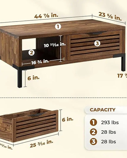Bme Millie Solid Wood Coffee Tables, Industrial Modern Living Room Center Desk with 2 Storage Drawers & Fully Assembled, Rustic Chestnut - LeafyLoom