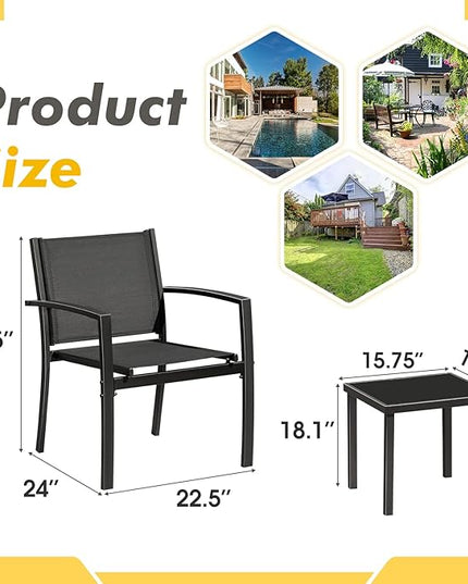 Greesum 3 Pieces Patio Furniture Outdoor Bistro Set Textilene Fabric Chairs for Lawn, Garden, Balcony, Poolside with A Glass Coffee Table, Black - LeafyLoom