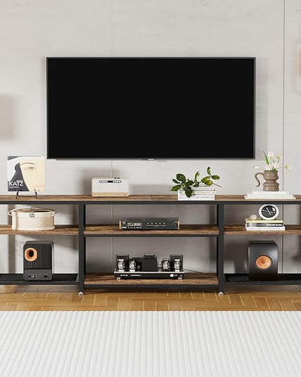 VECELO 70" TV Stand for 65/70/75 Inch Television, Entertainment Center with Storage Shelves & Hooks, 3-Tier Modern Wooden Console Table for Living, Bedroom and Gaming Room, Rustic Brown - LeafyLoom