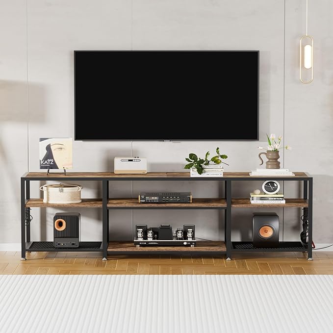VECELO 70" TV Stand for 65/70/75 Inch Television, Entertainment Center with Storage Shelves & Hooks, 3-Tier Modern Wooden Console Table for Living, Bedroom and Gaming Room, Rustic Brown - LeafyLoom
