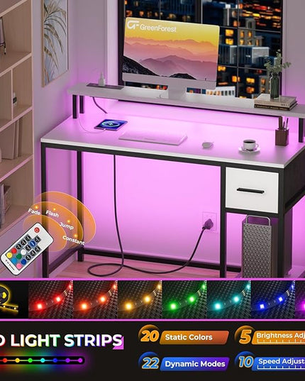 GreenForest Computer Desk with Drawers 39 inch,Gaming Desk with LED Lights & Power Outlets Small Desk with Monitor Stand and Reversible Shelf,White - LeafyLoom