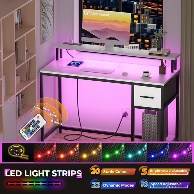 GreenForest Computer Desk with Drawers 39 inch,Gaming Desk with LED Lights & Power Outlets Small Desk with Monitor Stand and Reversible Shelf,White - LeafyLoom