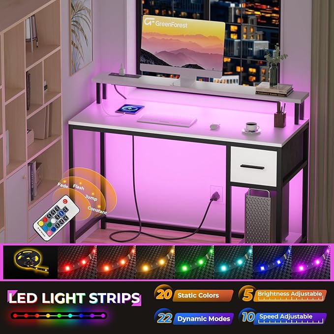 GreenForest Computer Desk with Drawers 47 inch,Gaming Desk with LED Lights & Power Outlets Small Desk with Monitor Stand and Reversible Shelf,White - LeafyLoom