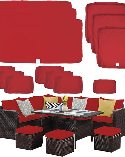 ClawsCover 13Pack Outdoor Seat and Back Cushions Replacement Covers Fit for 7Pieces Wicker Rattan Patio Furniture Set Sectional Couch with Dining Table and Ottoman,Red-Include Cover Only - LeafyLoom