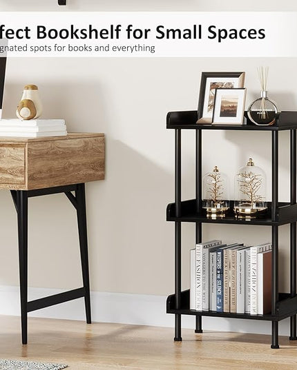 Bookshelf Small Book Shelf - 3-Tier Wood Bookcase Industrial Bookshelf with Edge Protection Metal Standing Book Shelves Display Book Rack for Living Room Bedroom Home Office (Black) - LeafyLoom