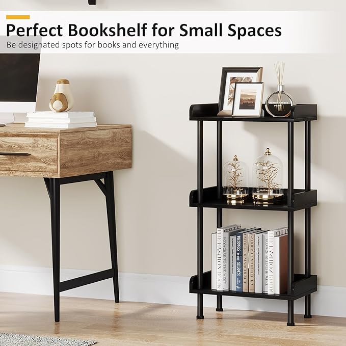 Bookshelf Small Book Shelf - 3-Tier Wood Bookcase Industrial Bookshelf with Edge Protection Metal Standing Book Shelves Display Book Rack for Living Room Bedroom Home Office (Black) - LeafyLoom