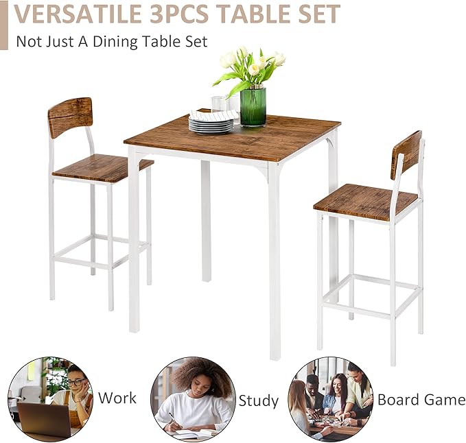 NicBex Kitchen Table for 2 Dining Room Set 3 Piece Bar Table Set, Industrial Counter Height Dining Table Set, Bar Table & Chairs with Steel Legs & Footrests, White - LeafyLoom