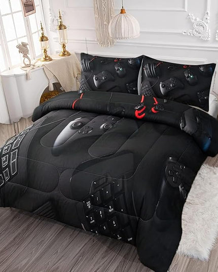 Gamer Comforter Set Twin Size for Boys Kids 3D Gaming Microfiber Quilts Black Video Game Bedding Sets Room Decor Gaming Bedding Set All Season for Game Lovers(Color 1,Twin) - LeafyLoom
