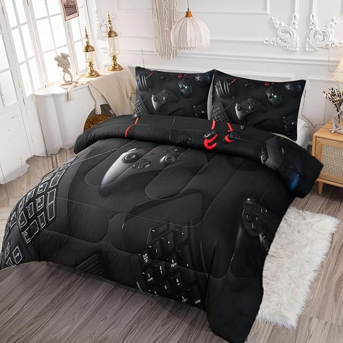 Gamer Comforter Set Twin Size for Boys Kids 3D Gaming Microfiber Quilts Black Video Game Bedding Sets Room Decor Gaming Bedding Set All Season for Game Lovers(Color 1,Twin) - LeafyLoom