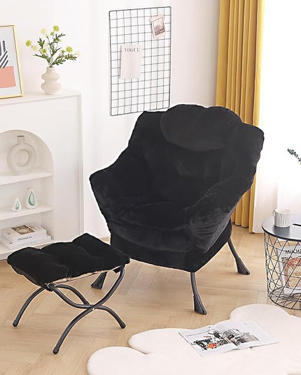 Welnow Lazy Chair with Ottoman, Modern Lounge Accent Chair with Armrests and a Side Pocket, Leisure Sofa Chair Set, Reading Chair with Footrest for Small Space, Corner Chair, Plush Black - LeafyLoom