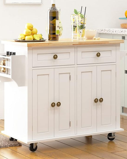 soges Rolling Kitchen Island Cart with Storage, Wood Trolley Cart with Spice and Towel Rack, Mobile Kitchen Storage Cabinet Island Table on Wheels, Serving Cart with Cabinet and Drawers,FZSR-HT01WT - LeafyLoom