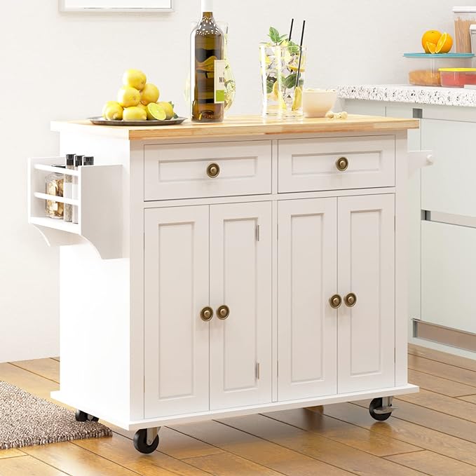 soges Rolling Kitchen Island Cart with Storage, Wood Trolley Cart with Spice and Towel Rack, Mobile Kitchen Storage Cabinet Island Table on Wheels, Serving Cart with Cabinet and Drawers,FZSR-HT01WT - LeafyLoom