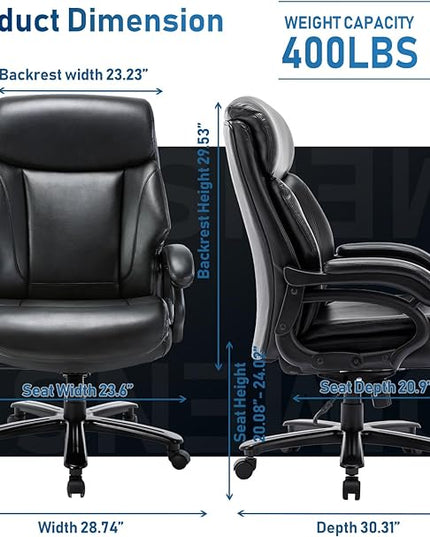 Big and Tall Office Chair 400lbs-Heavy Duty Executive Desk Chair with Extra Wide Seat, High Back Ergonomic Leather Computer Chair with Tilt Rock, Padded Armrests-Black - LeafyLoom