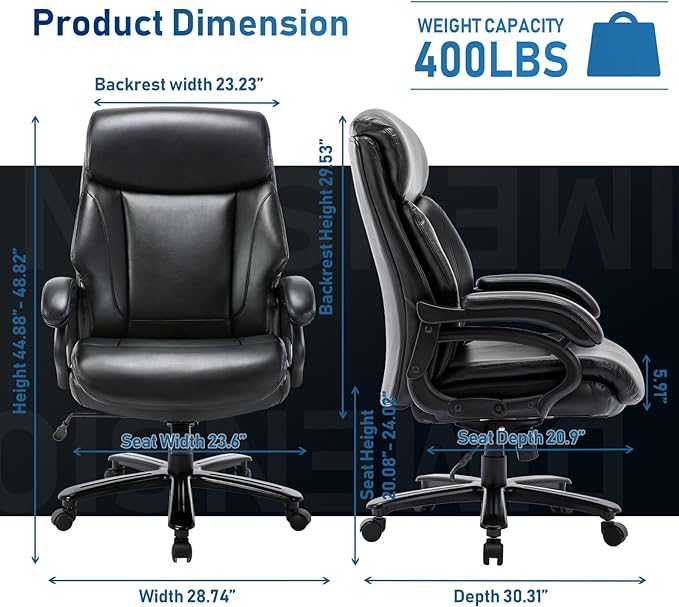 Big and Tall Office Chair 400lbs-Heavy Duty Executive Desk Chair with Extra Wide Seat, High Back Ergonomic Leather Computer Chair with Tilt Rock, Padded Armrests-Black - LeafyLoom