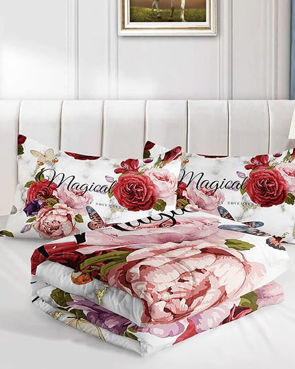Butterfly Comforter Set for Girls Kids Adults Watercolor Butterfly Rose Bedding Set Aesthetics Butterflies Quilt Duvet Set Full Size with 1 Comforter and 2 Pillowcases - LeafyLoom