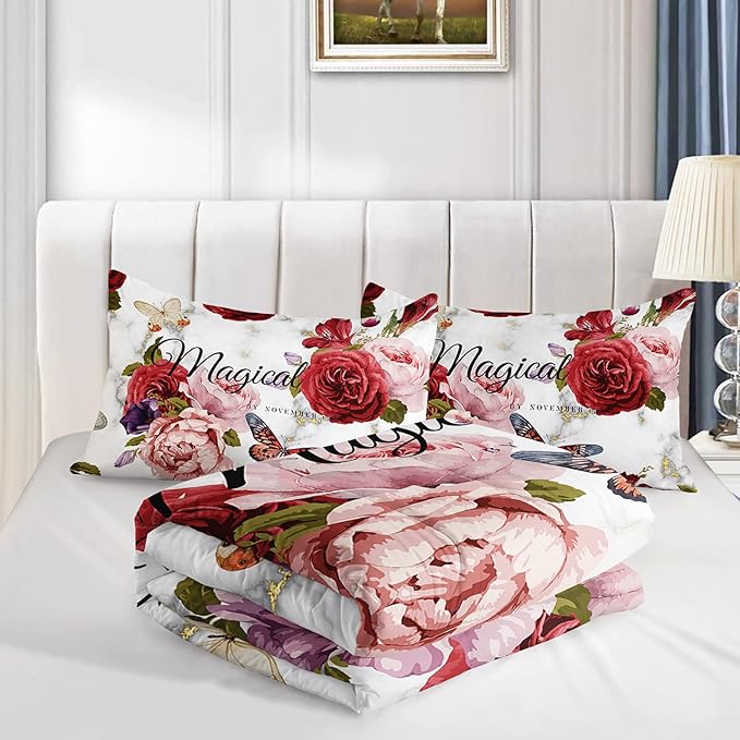 Butterfly Comforter Set for Girls Kids Adults Watercolor Butterfly Rose Bedding Set Aesthetics Butterflies Quilt Duvet Set Full Size with 1 Comforter and 2 Pillowcases - LeafyLoom