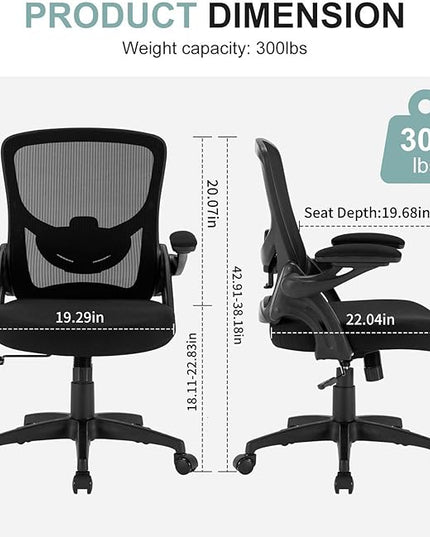 Ergonomic Mesh Office Chair, Comfy Desk Chair with Flip up Armrests, Swivel Computer Desk Chair with Adjustable Lumbar Support and Height for Home Office, 300 lbs Capacity - LeafyLoom