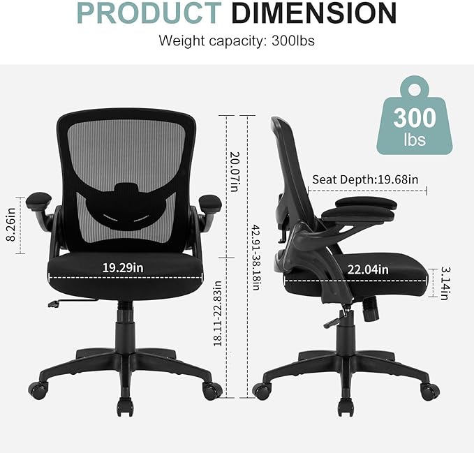 Ergonomic Mesh Office Chair, Comfy Desk Chair with Flip up Armrests, Swivel Computer Desk Chair with Adjustable Lumbar Support and Height for Home Office, 300 lbs Capacity - LeafyLoom