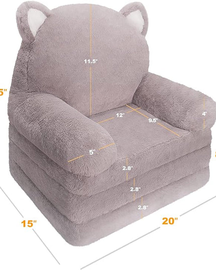 Kids Couch Fold Out Soft Toddler Chairs,Toddler Armrest Chair Bed for Play,Gift for 0-3 Years,Grey Kitty - LeafyLoom