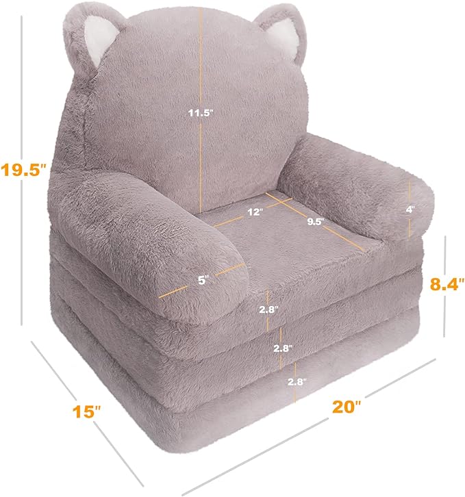 Kids Couch Fold Out Soft Toddler Chairs,Toddler Armrest Chair Bed for Play,Gift for 0-3 Years,Grey Kitty - LeafyLoom