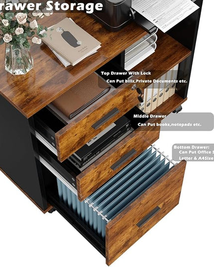 Wood File Cabinet, 3 Drawer Mobile Lateral Filing Cabinet On Wheels, Printer Stand with Open Storage Shelves for Home Office (Wood) - LeafyLoom