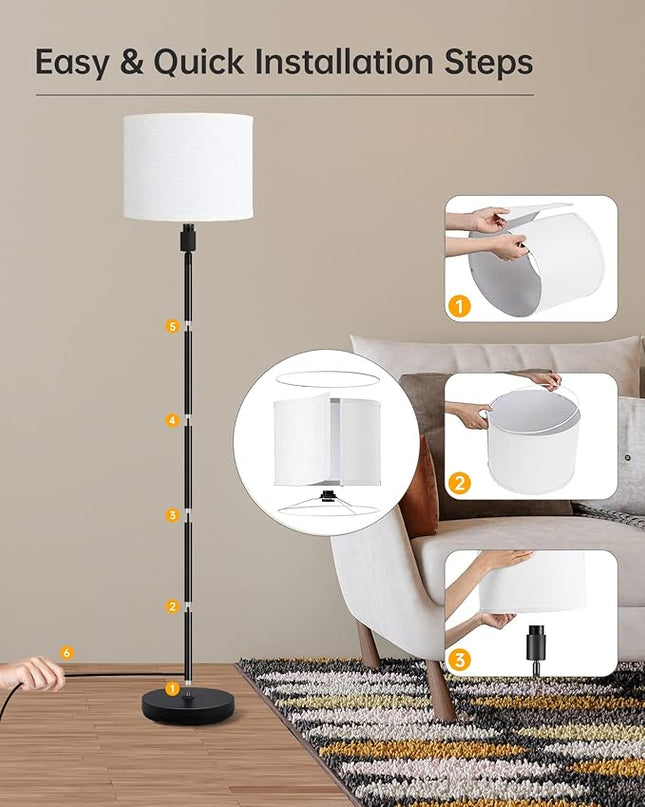 BoostArea Floor Lamp Standing Lamp, Tall Floor Lamp with 3 Dimmable Levels, Simple Floor Lamp with Linen Lampshade, On/OFF Footswitch, 9W LED Bulb Included, Floor Lamps for Living Room/Bedroom,White - LeafyLoom