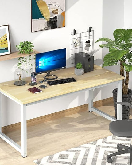 NSdirect 63" Computer Desk,Large Home Office Desk Wide Workstation 1 inch Thicker Tabletop for Writing,Games and Home Work PC Desk Modern Finish Wood Board and Sturdy Steel Legs,Oak+White - LeafyLoom