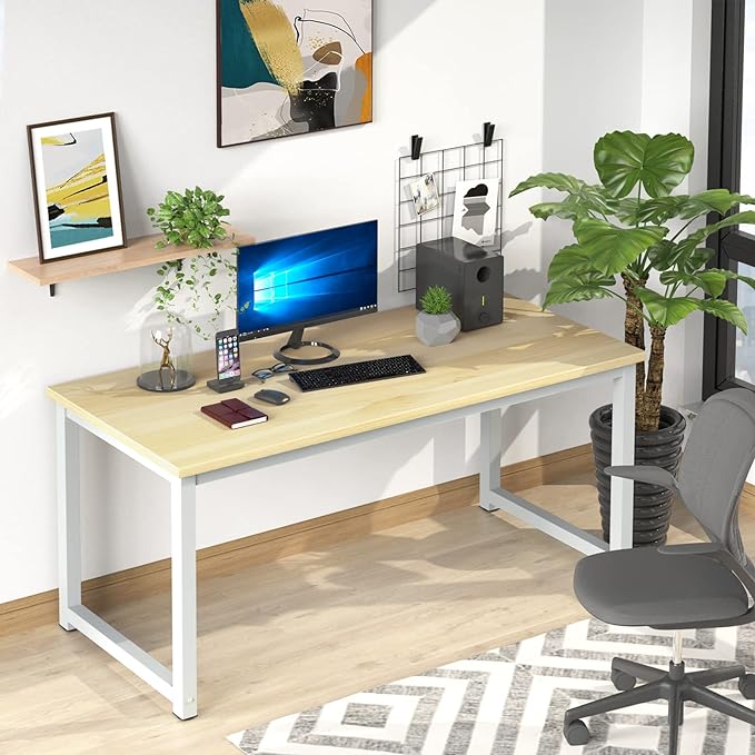 NSdirect 63" Computer Desk,Large Home Office Desk Wide Workstation 1 inch Thicker Tabletop for Writing,Games and Home Work PC Desk Modern Finish Wood Board and Sturdy Steel Legs,Oak+White - LeafyLoom