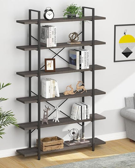 HSH Industrial Tall Bookshelf, Large Vertical Wood and Metal 6 Tier Book Shelf, Open 6 Shelf Bookcase for Bedroom Living Room Office, Vintage Display Storage Bookshelves and Bookcases, Dark Gray Oak - LeafyLoom
