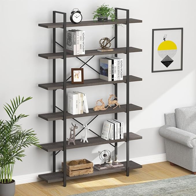 HSH Industrial Tall Bookshelf, Large Vertical Wood and Metal 6 Tier Book Shelf, Open 6 Shelf Bookcase for Bedroom Living Room Office, Vintage Display Storage Bookshelves and Bookcases, Dark Gray Oak - LeafyLoom