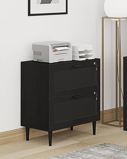 2 Drawer File Cabinet, Lateral File Cabinet with Lock, Rattan Wood Filing Organization Cabinet for Home Office, Black - LeafyLoom