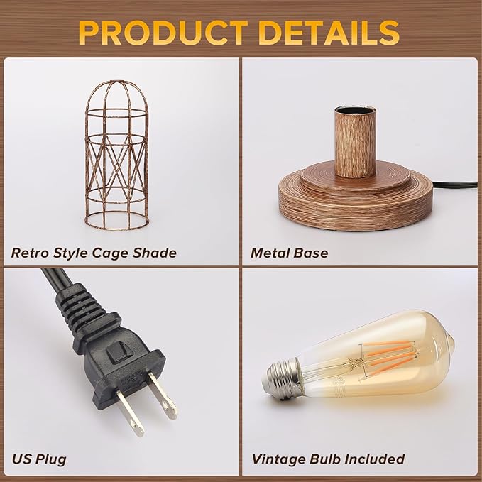 Touch Control Table Lamp Small Lamp for Small Spaces 3 Way Dimmable Nightstand Lamp Farmhouse Bedside Lamp for Bedroom Living Room, Simple Desk Lamp with Brushed Rustic Wood Cage Shade, Bulb Included - LeafyLoom