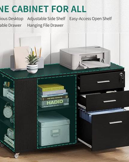 YITAHOME File Cabinet, Mobile Lateral Filing Cabinet with Lock for Home Office, Printer Stand with Open Storage Shelf, Fits A4, Letter, Legal Size Files, Office Furniture, Black - LeafyLoom