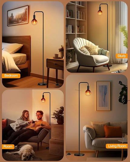 QiMH Floor Lamp for Living Room, Modern Industrial Standing Lamp with 8W LED Bulb, Clear Glass Globe 5", 2200K Warm Light Lighting 67" Minimalist Tall Floor Lamps for Bedroom Office Decor, Black - LeafyLoom