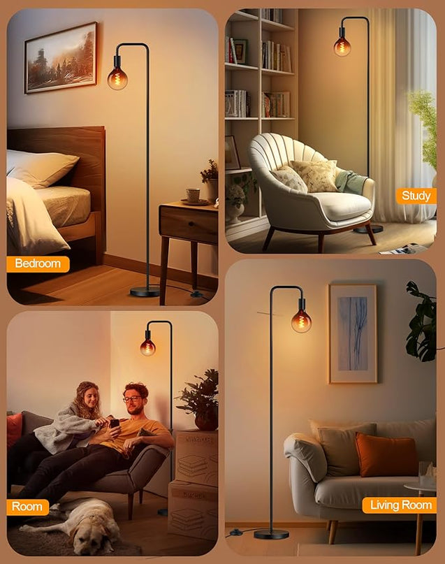 QiMH Floor Lamp for Living Room, Modern Industrial Standing Lamp with 8W LED Bulb, Clear Glass Globe 5", 2200K Warm Light Lighting 67" Minimalist Tall Floor Lamps for Bedroom Office Decor, Black - LeafyLoom
